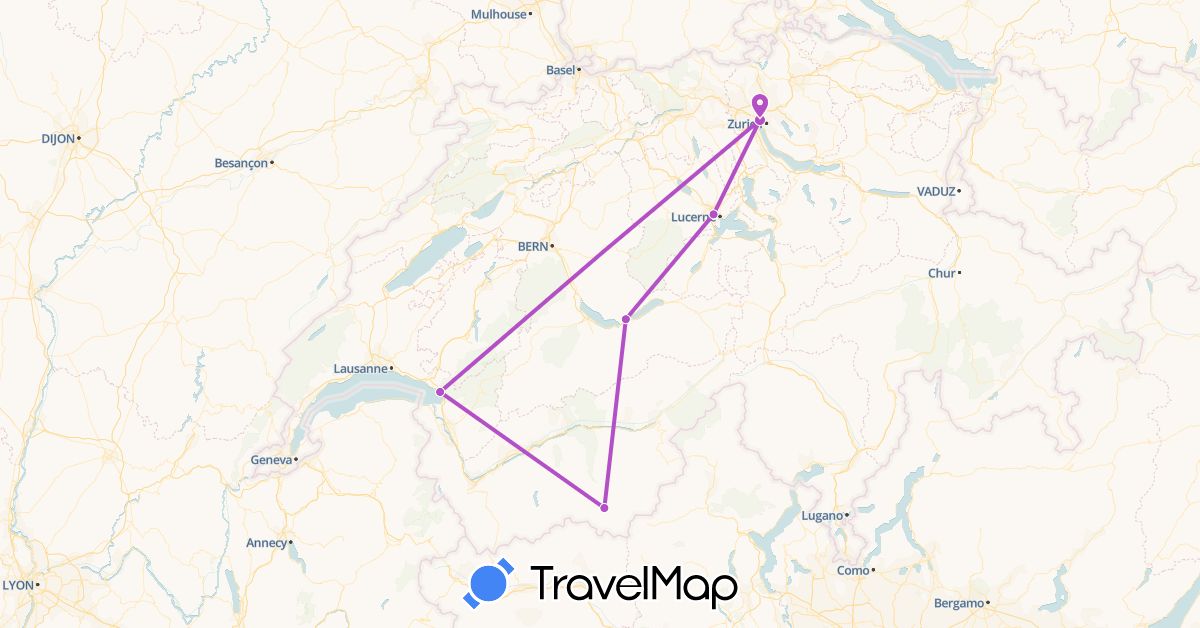 TravelMap itinerary: driving, train in Switzerland (Europe)